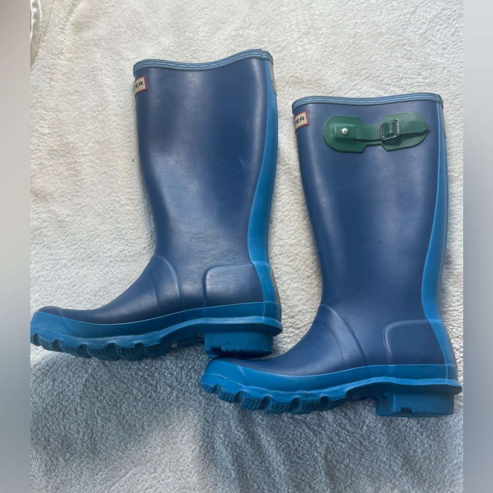 Hunter Blue Rain Boots with Green Accents